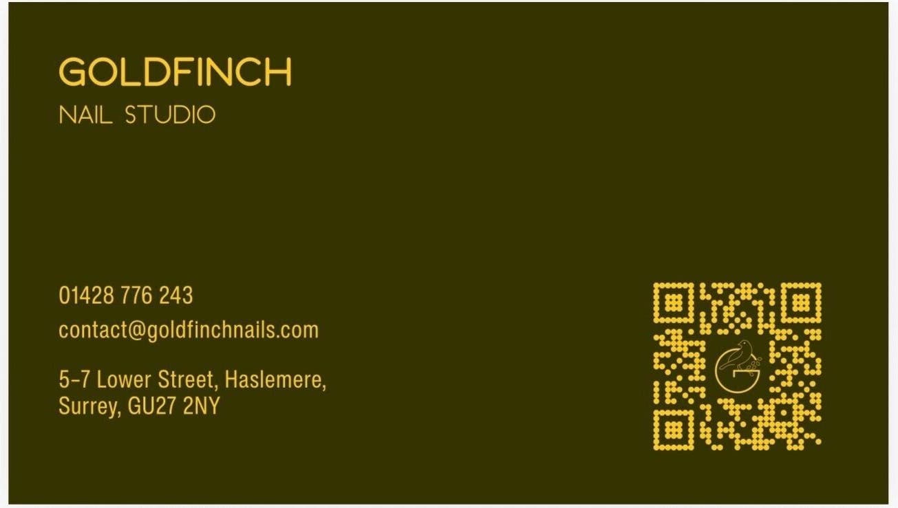 Goldfinch Nails Studio business card with QR code in Haslemere, England, GB.