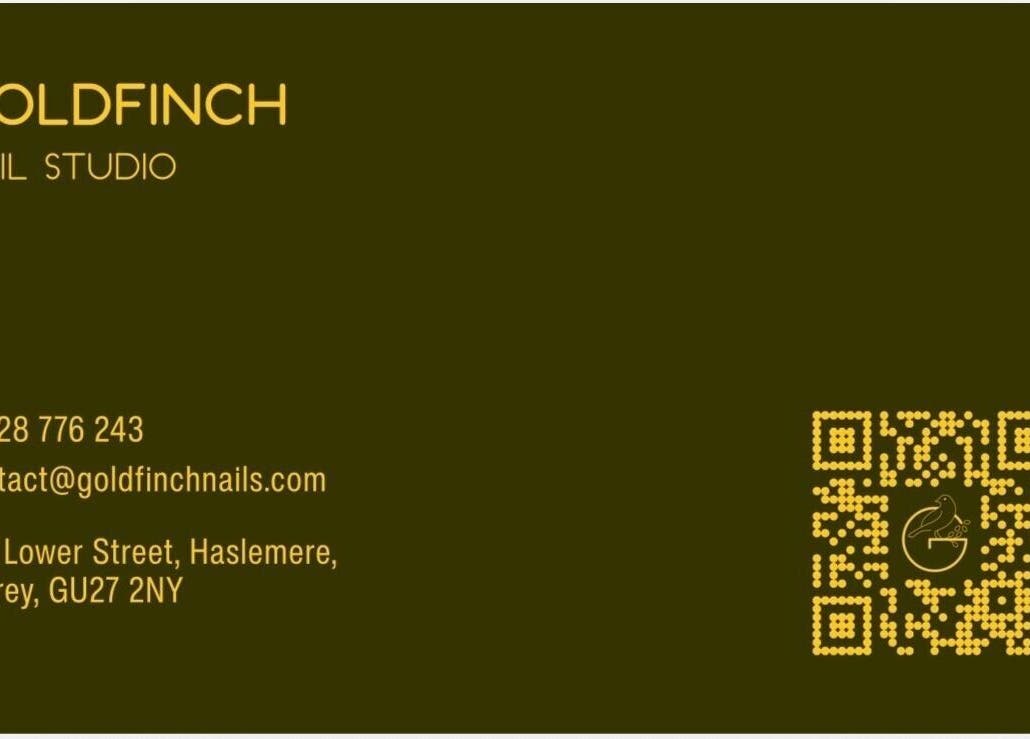 Goldfinch Nails Studio business card with QR code in Haslemere, England, GB.
