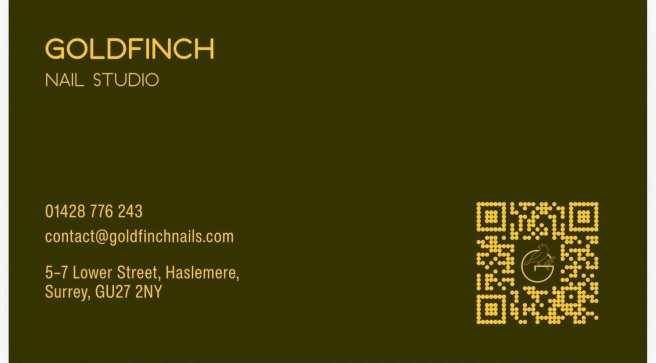 Goldfinch Nails Studio business card with QR code in Haslemere, England, GB.