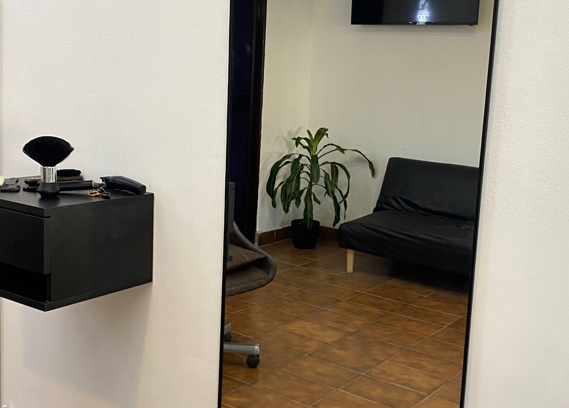 Sala de espera en Vortex Hairstudio con planta y espejo, Rosario, Santa Fe, AR.