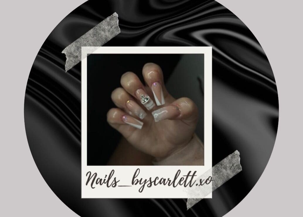 Elegant manicured nails with embellishments at Nails Byscarlett.Xo in Kidderminster, England, GB.