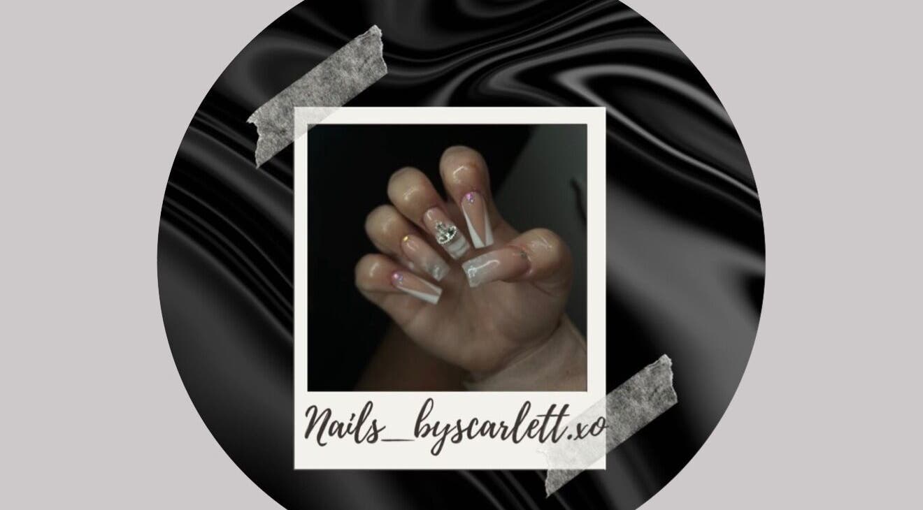 Elegant manicured nails with embellishments at Nails Byscarlett.Xo in Kidderminster, England, GB.