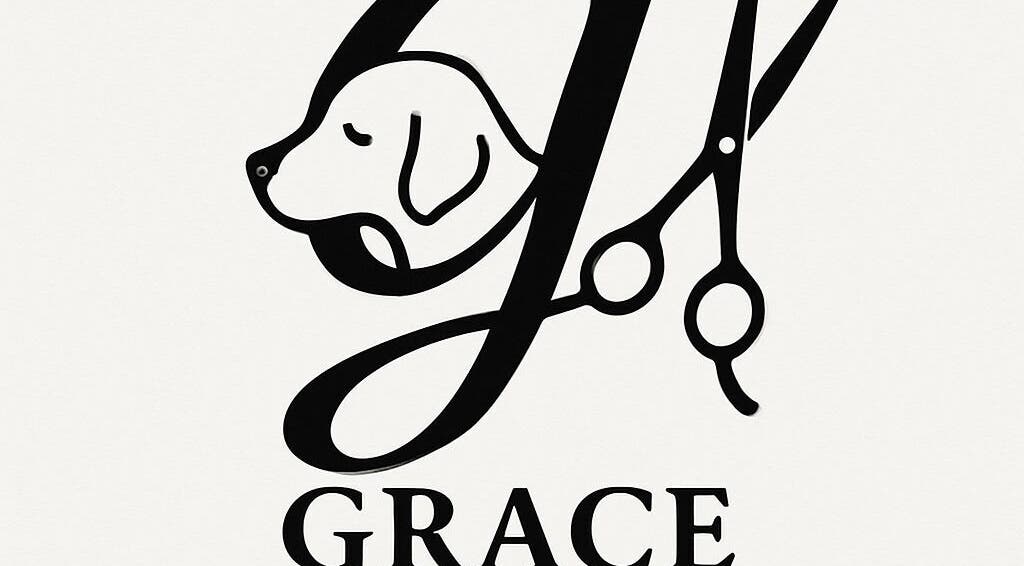GG Grace Grooming logo featuring a dog and scissors, located in Garden Grove, California, US.