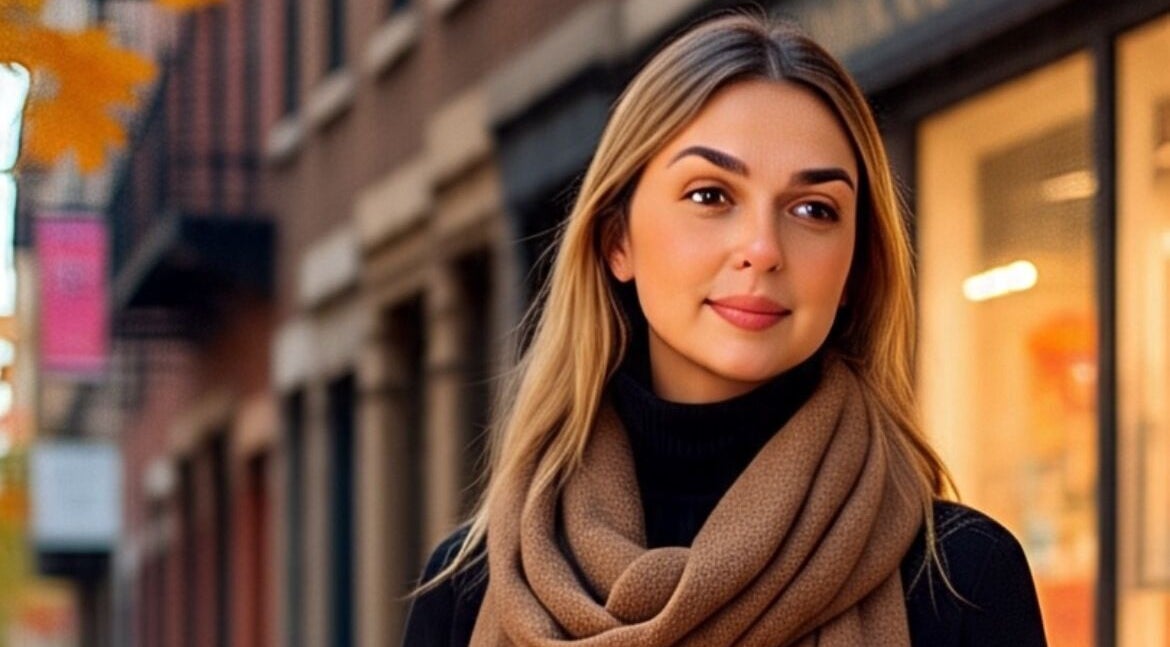 Woman enjoying autumn near Visions Center in Covina, California, US.