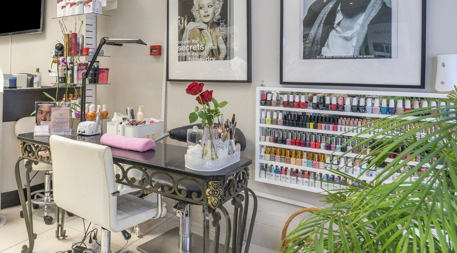 Nail care section at Aesthetics by Elena, London, England, GB with a variety of polishes displayed.