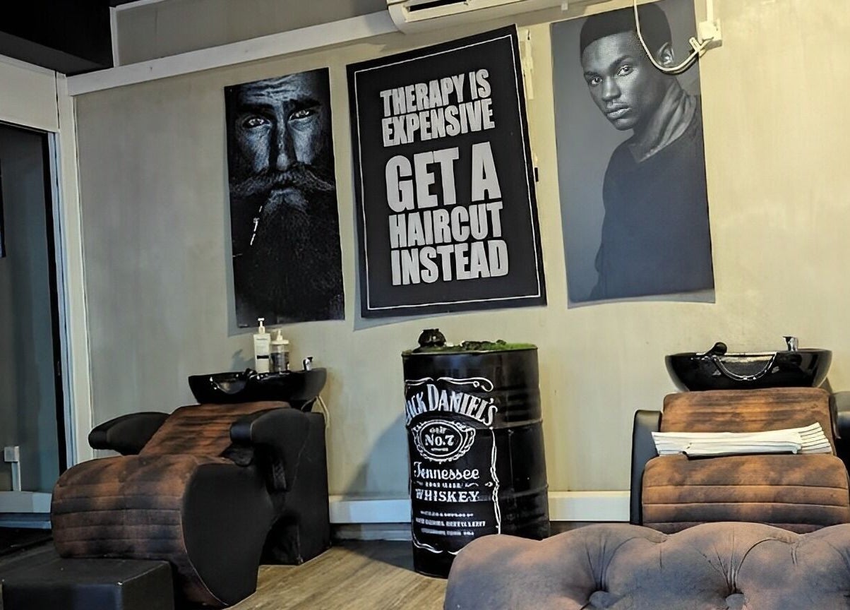 Interior of Raula Barbershop Baseline Road with stylish chairs in Colombo, Western Province, LK.