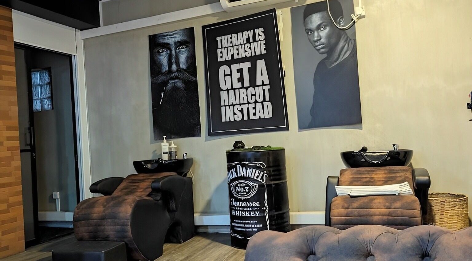 Interior of Raula Barbershop Baseline Road with stylish chairs in Colombo, Western Province, LK.
