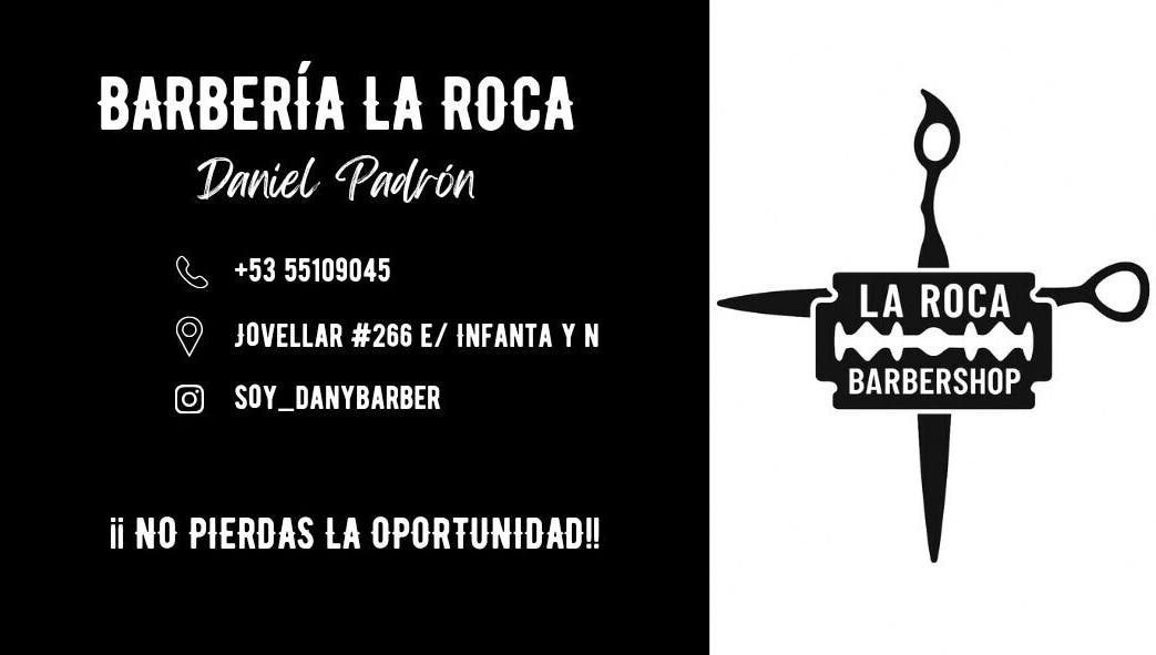 Tarjeta de presentación de La Roca Barbería en La Habana, CU destacando detalles de contacto y ubicación.
