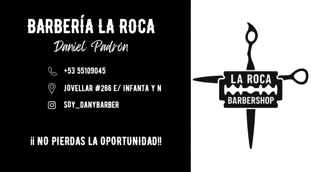 Tarjeta de presentación de La Roca Barbería en La Habana, CU destacando detalles de contacto y ubicación.