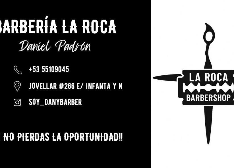 Logotipo de La Roca Barbería en La Habana, CU, mostrando detalles de contacto.