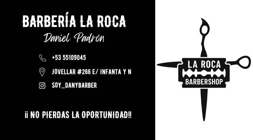 Logotipo de La Roca Barbería en La Habana, CU, mostrando detalles de contacto.