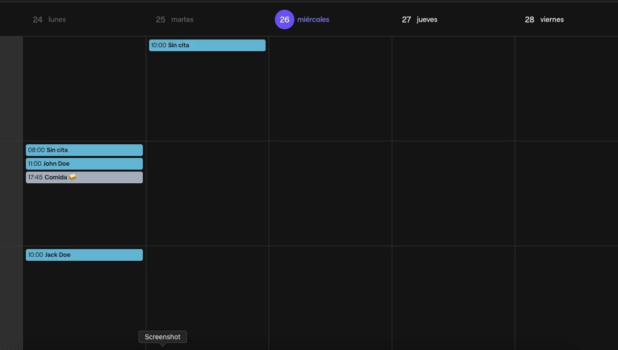 Calendario semanal de citas en Pelos, Zacatecas, Zacatecas, MX. Organización de horarios para servicios de belleza.