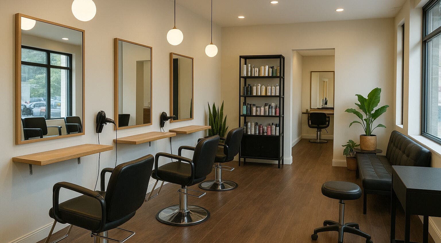 Modern salon interior of Dubai Team in Austin, Texas, US with styling chairs and mirrors.