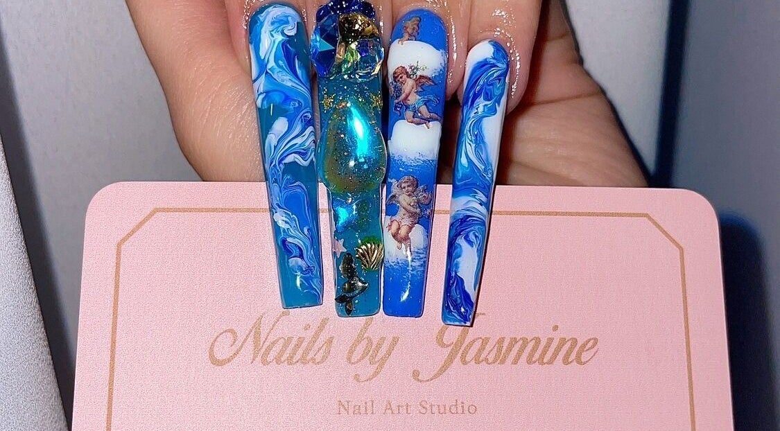 Intricate blue nail art at Jasmine Nail Art Studio, Osborne Park, Western Australia, AU.