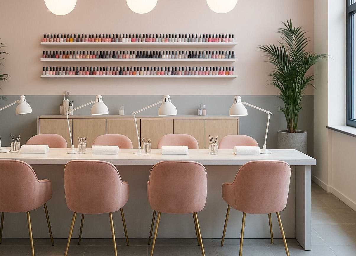 Modern nail salon with pink chairs at Excellence Nail Beauty Spar, Johannesburg, Gauteng, ZA.