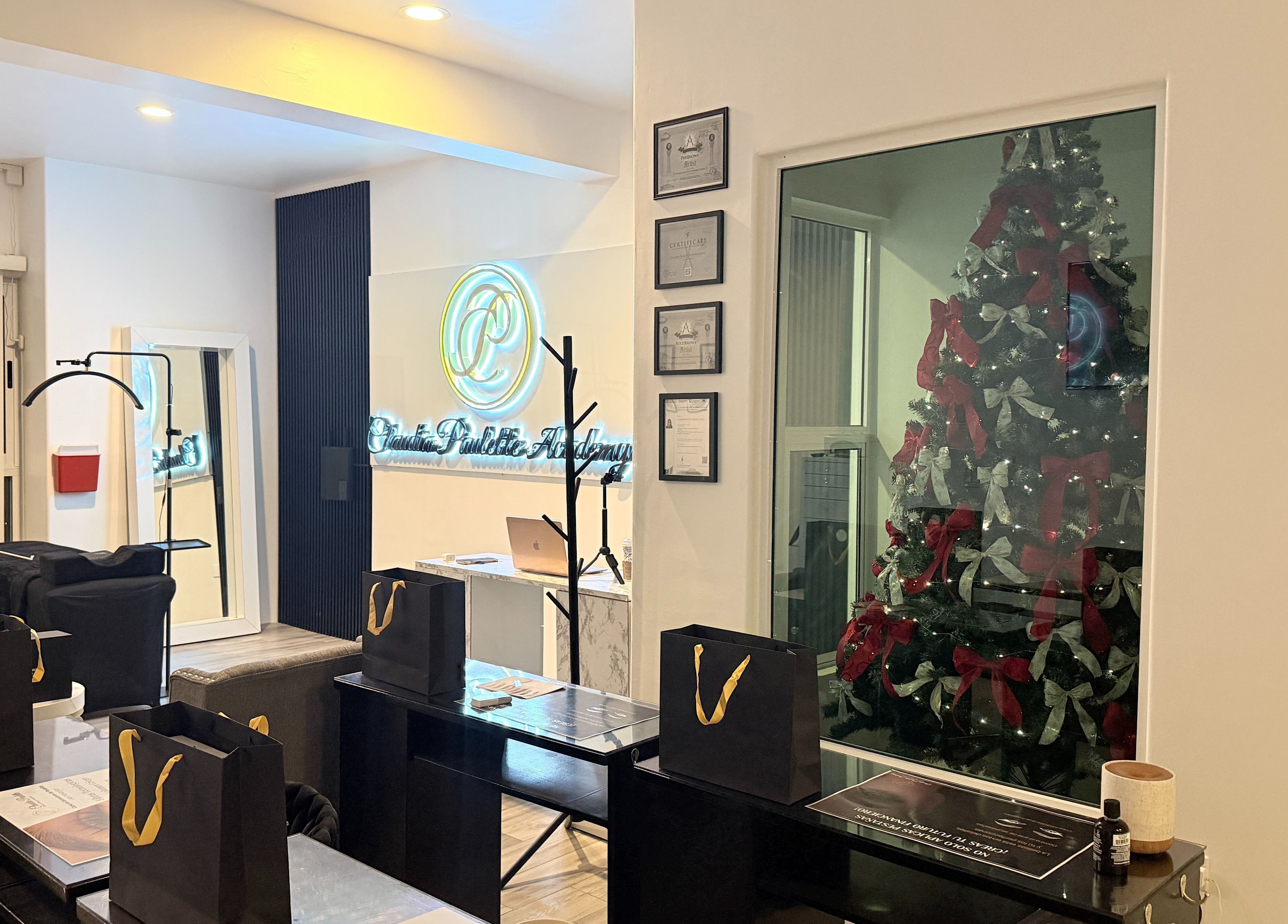 Interior de Claudia Paulette Academy en Tijuana, Baja California, MX, con elegantes decoraciones navideñas.