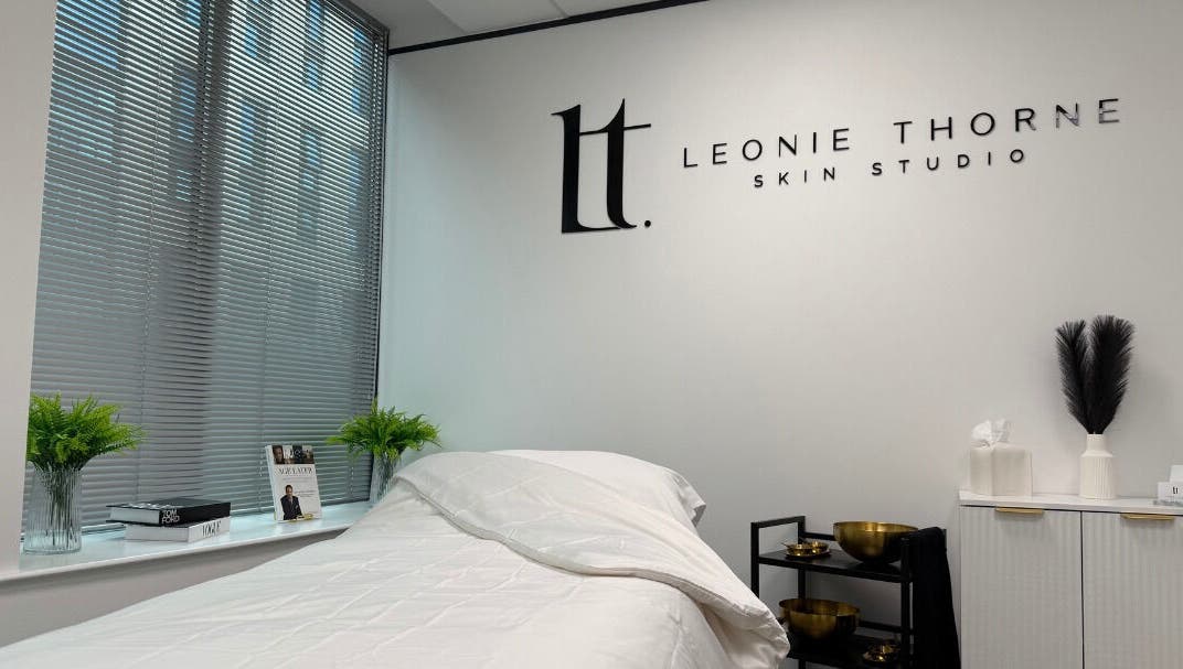 Elegant spa room at Leonie Thorne Skin Studio, Southampton, England, featuring calm decor and modern furnishings.