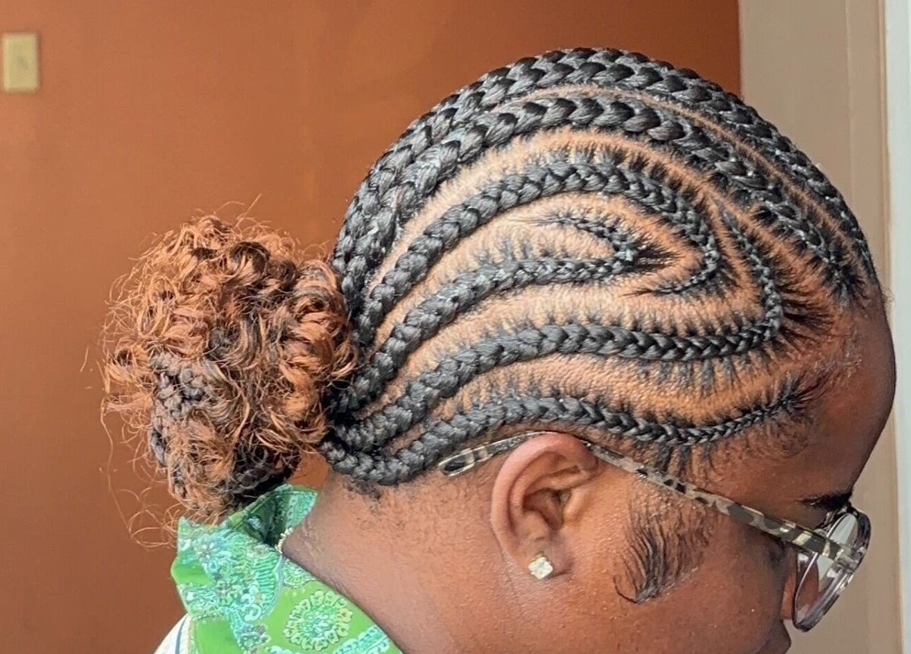Close-up of braided hairstyle at Braids by Racquel, Mandeville, Manchester Parish, JM.