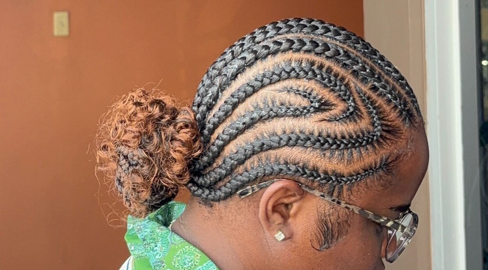 Close-up of braided hairstyle at Braids by Racquel, Mandeville, Manchester Parish, JM.