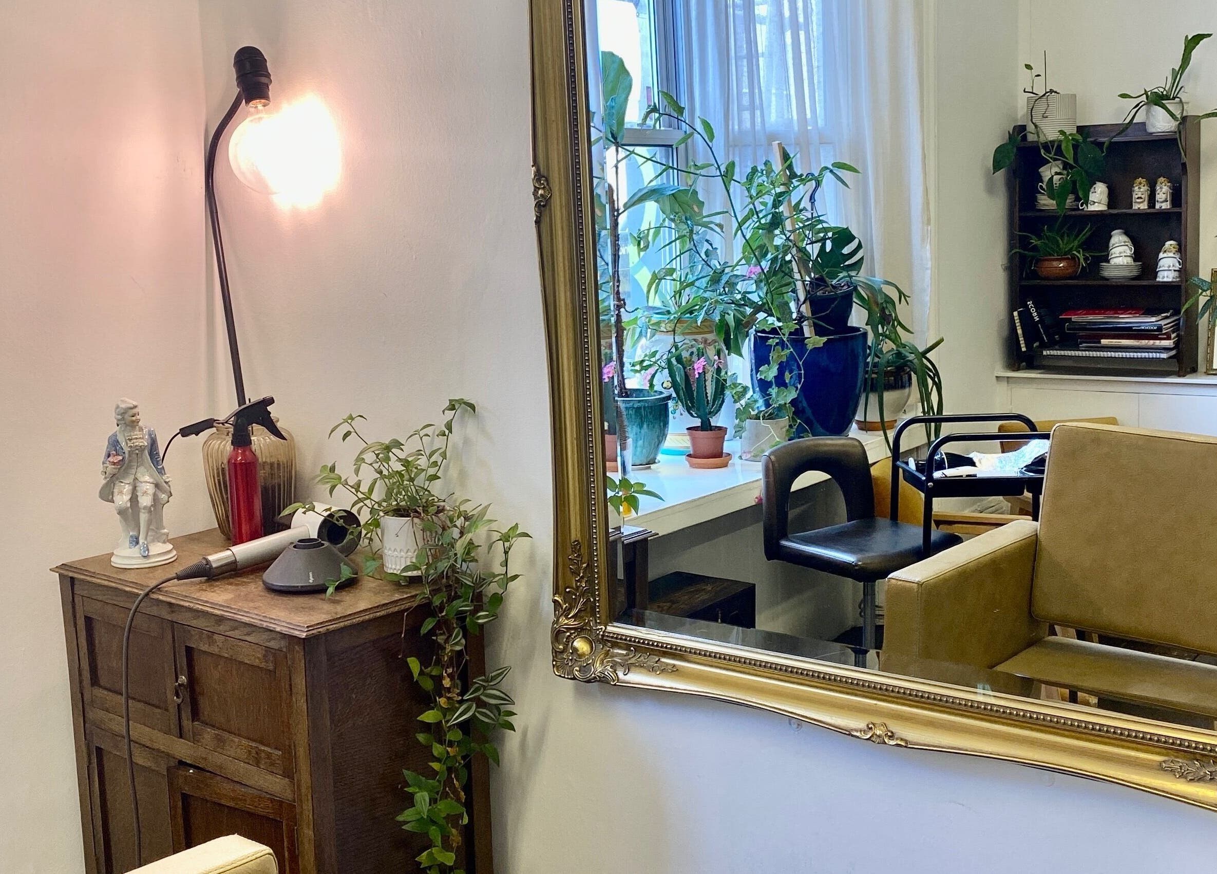 Chic interior of Do-Lalli hair with elegant mirror and plants in London, England, GB.