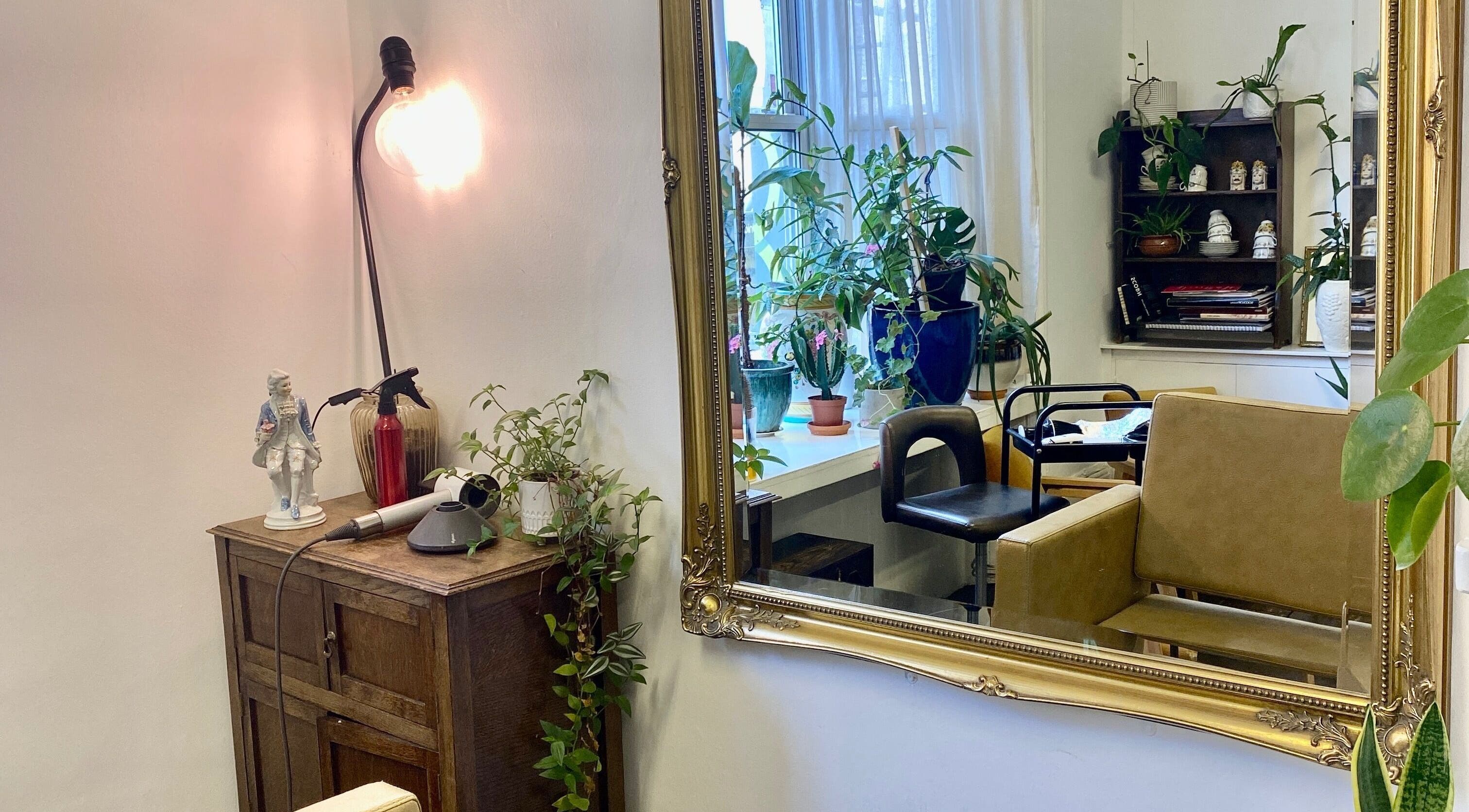 Chic interior of Do-Lalli hair with elegant mirror and plants in London, England, GB.