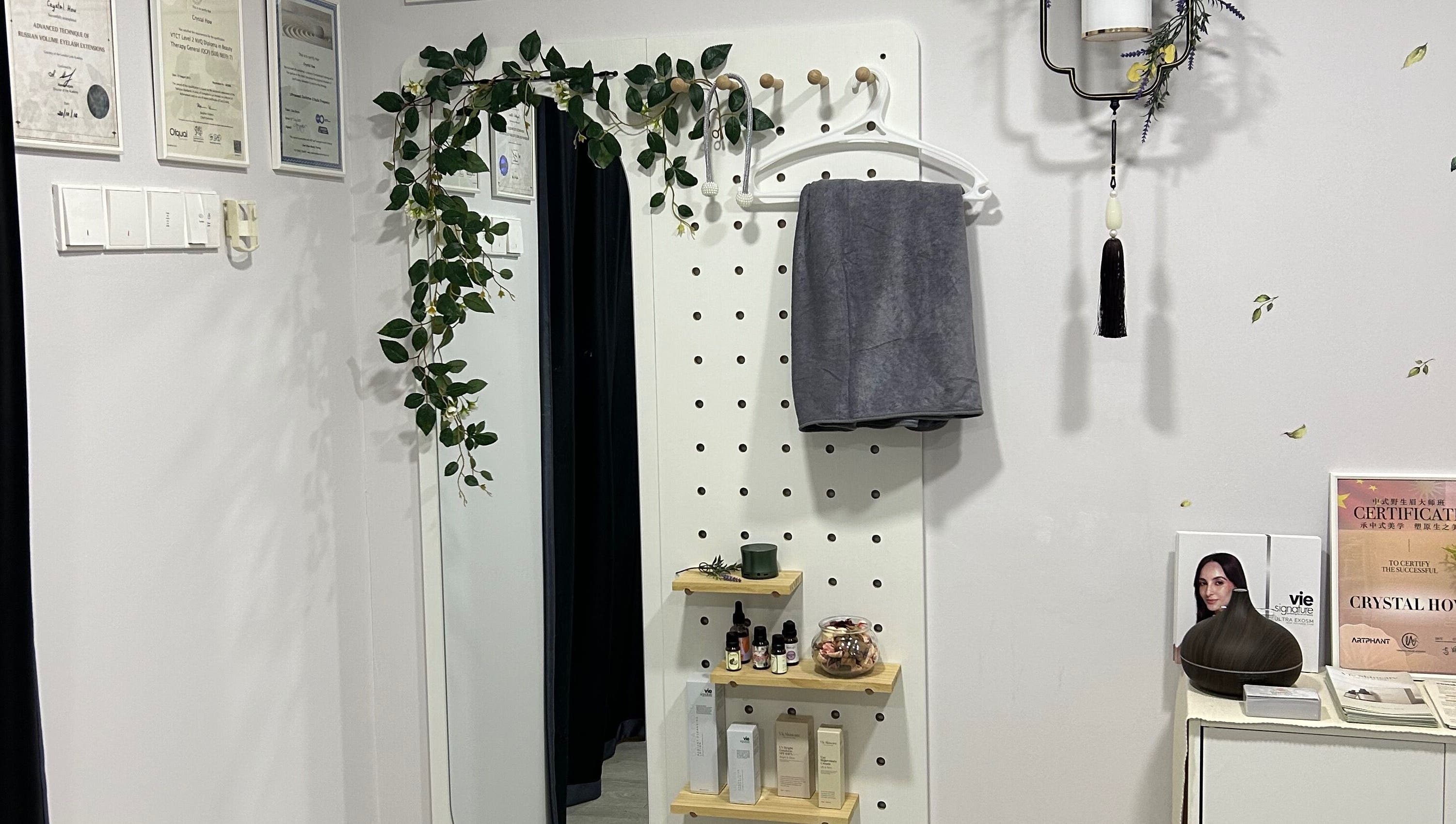 Classique de Naturell Beaute Empire's stylish wall decor with products and greenery, Petaling Jaya, Selangor, MY.