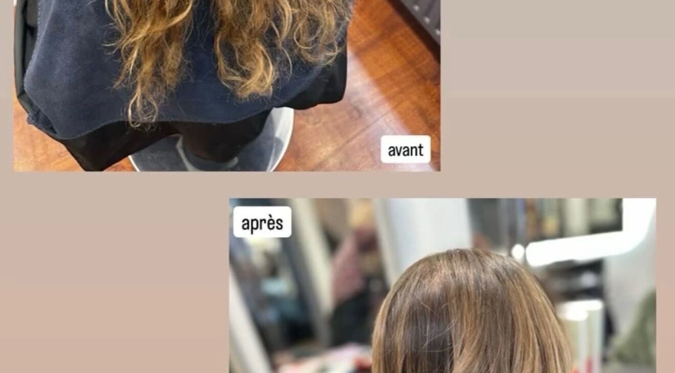 Avant et après coiffure chez steph_coiffure, Lucens, Vaud, CH. Cheveux bouclés transformés en lisses élégants.