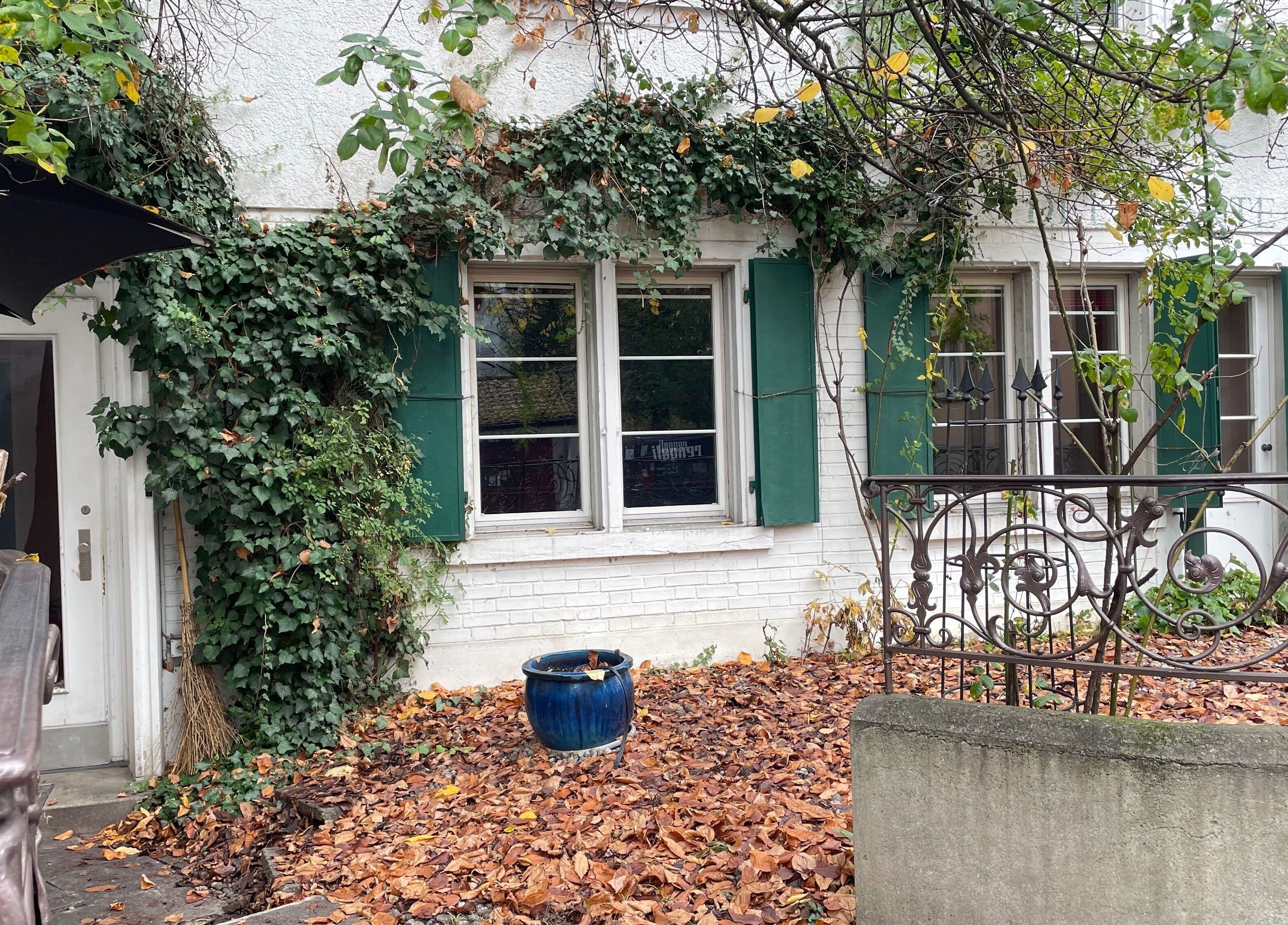 Facciata con edera al Lab.23 Barbershop, Zürich, Zürich, CH, in autunno.