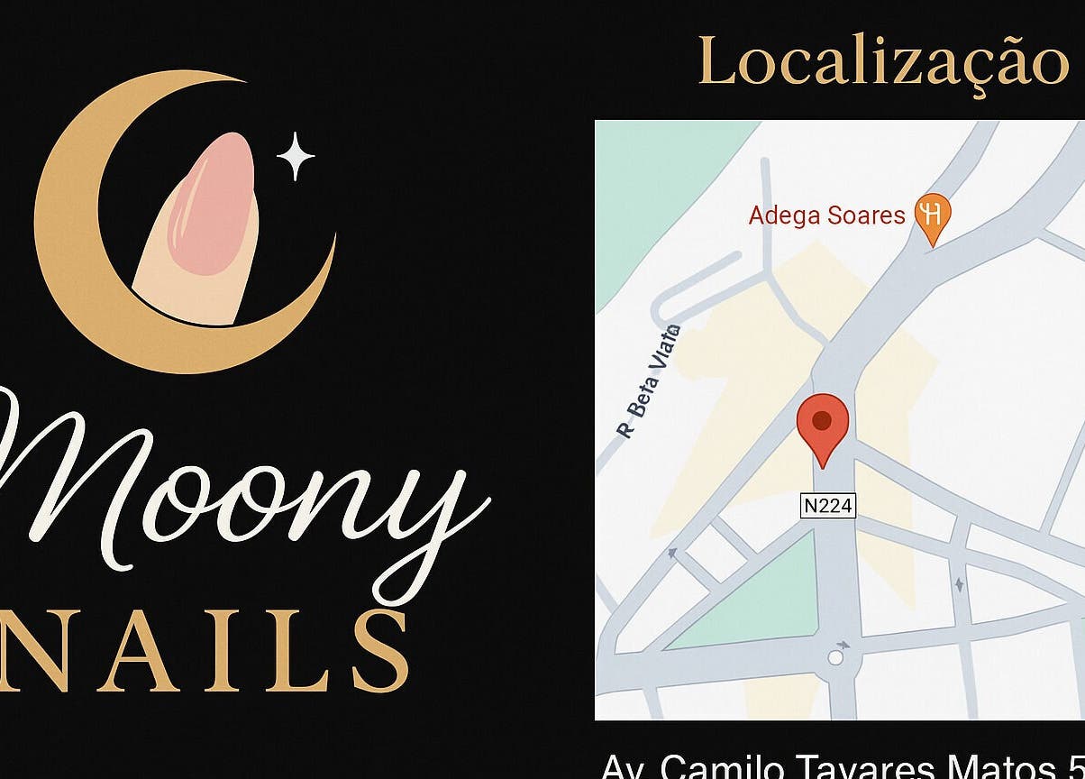Map showing location of Moony Nails at Vale De Cambra, Aveiro, PT with a logo design.