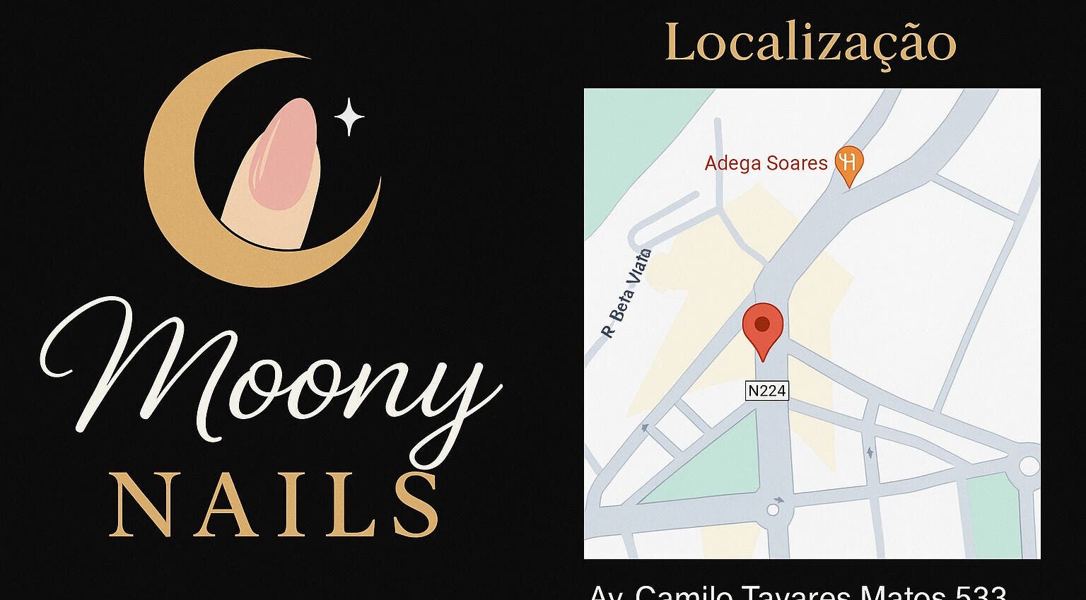 Map showing location of Moony Nails at Vale De Cambra, Aveiro, PT with a logo design.