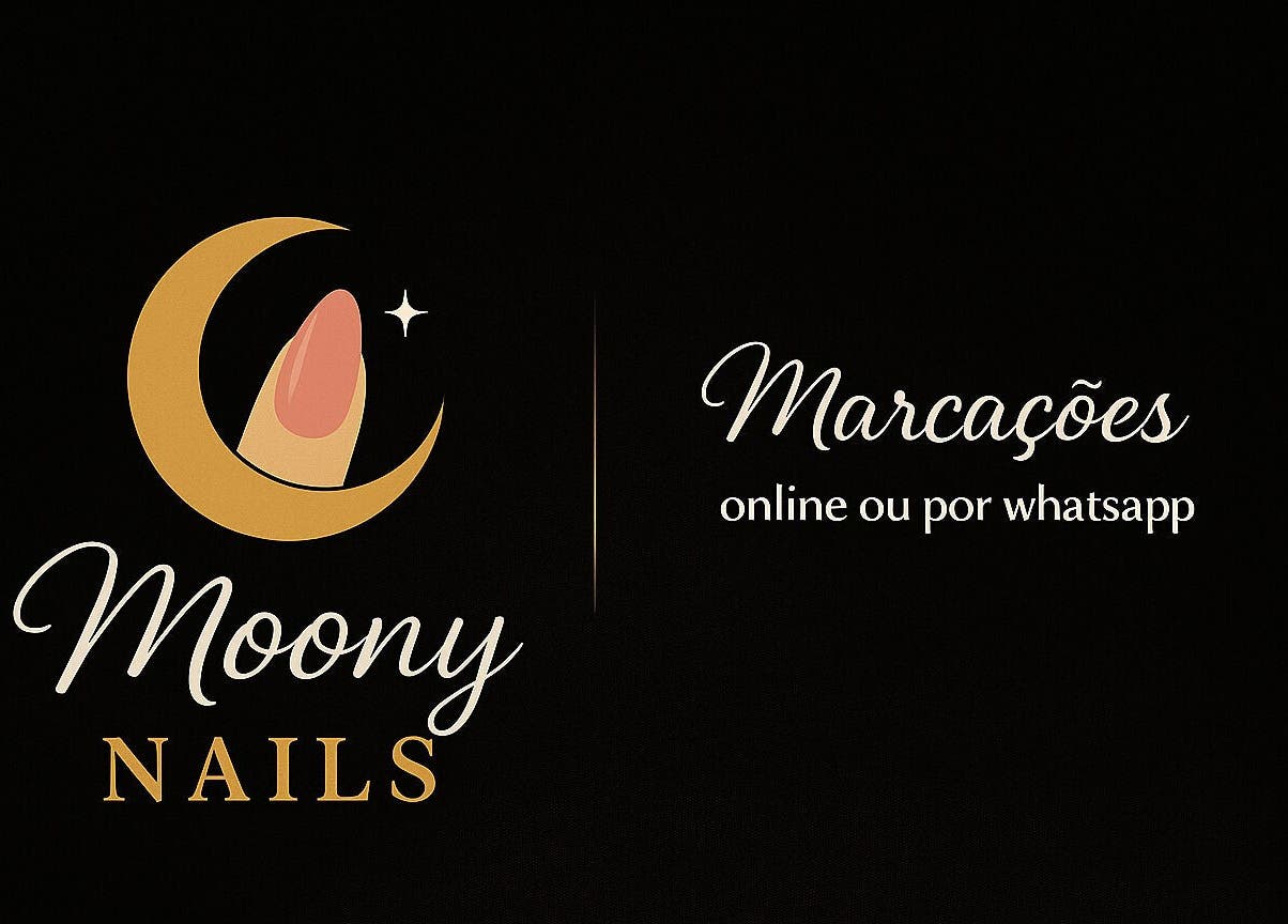Moony Nails logo with crescent moon design in Vale De Cambra, Aveiro, PT. Beauty and wellness branding.
