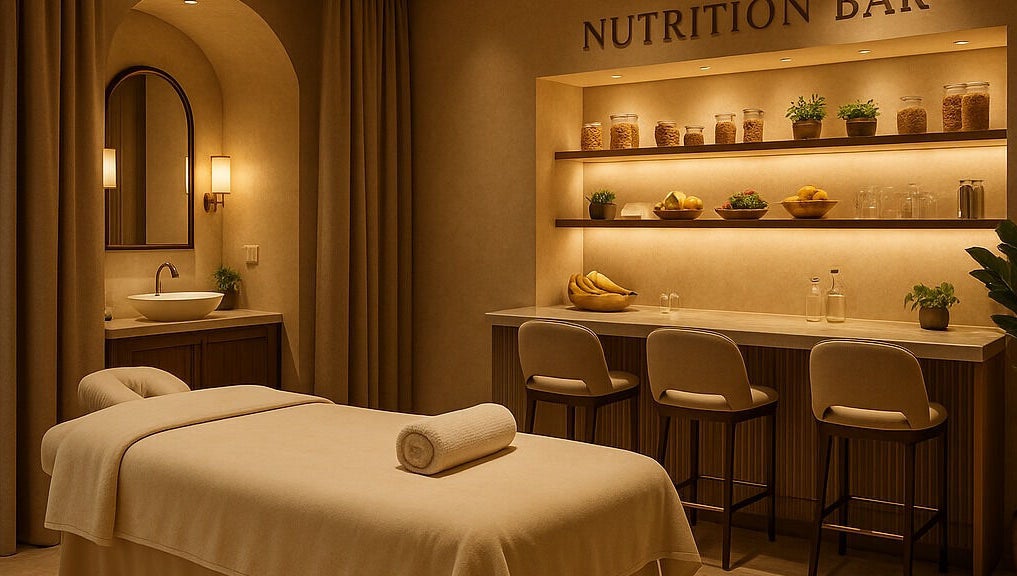 Relaxing massage room at SOLE & SANCTUARY, Vaughan, Ontario, CA, featuring a nutrition bar with plants and healthy snacks.