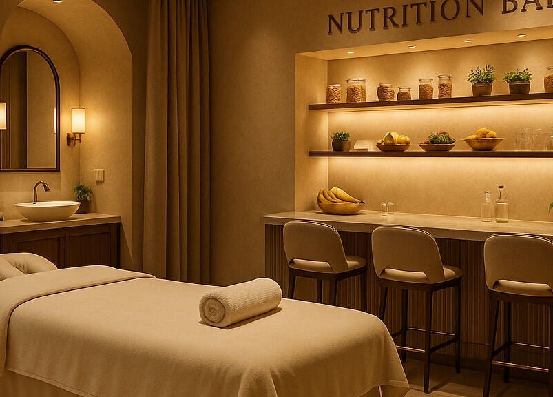 Relaxing massage room at SOLE & SANCTUARY, Vaughan, Ontario, CA, featuring a nutrition bar with plants and healthy snacks.
