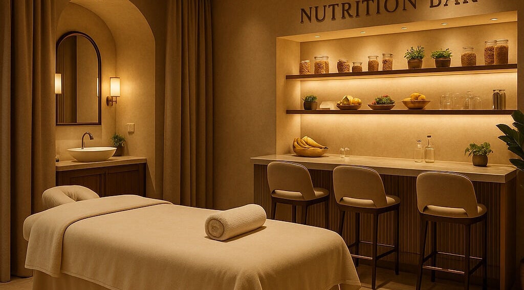 Relaxing massage room at SOLE & SANCTUARY, Vaughan, Ontario, CA, featuring a nutrition bar with plants and healthy snacks.