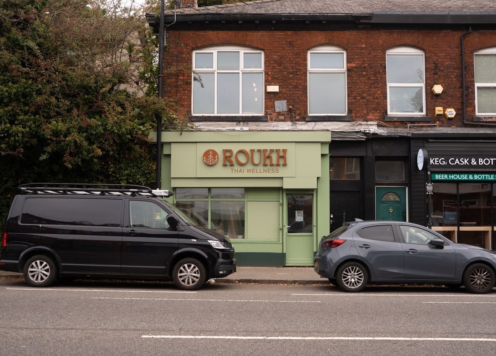 Front view of Roukh Thai Wellness Prestwich on a street in Manchester, England, GB.