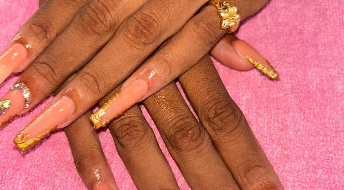 Intricate nail design at Creative Theia, Georgetown, Demerara-mahaica, GY showcasing stylish elegance.