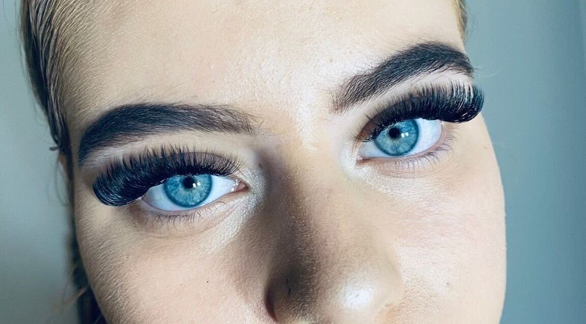 Close-up of vibrant blue eyes with enhanced lashes at Haute Lash and Brow, Melbourne, Victoria, AU.