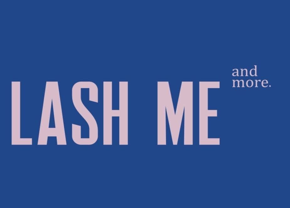 Logo of LASH ME & MORE in Vienna, Virginia, US, set against a vibrant blue background.