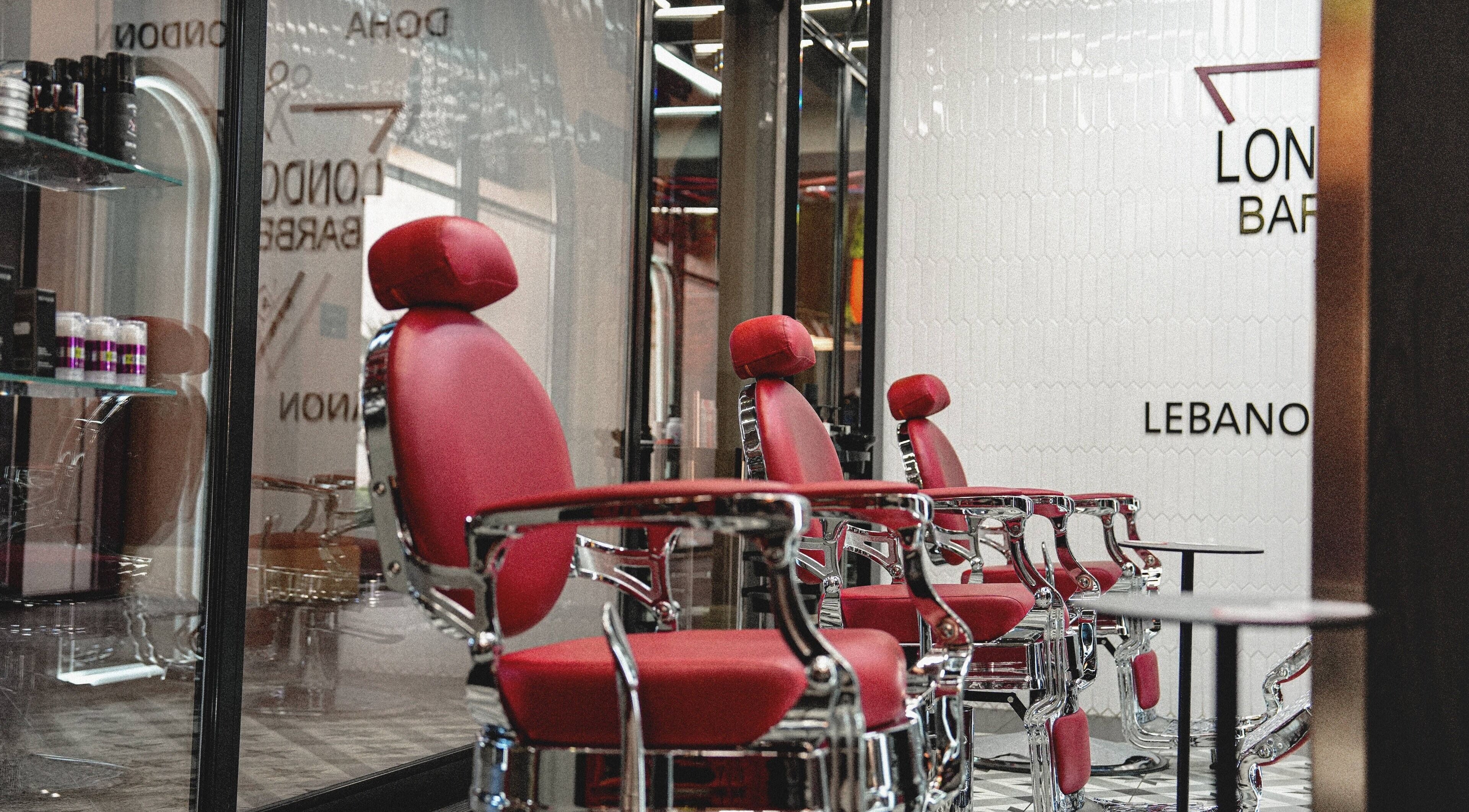 Luxury barber chairs at London Base Barbershop, Doha, Doha Municipality, QA.