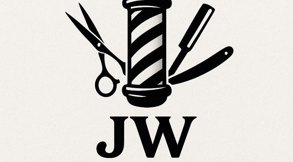 Logo of JW BARBERING featuring barber pole and tools, located in Pembroke, Wales, GB.