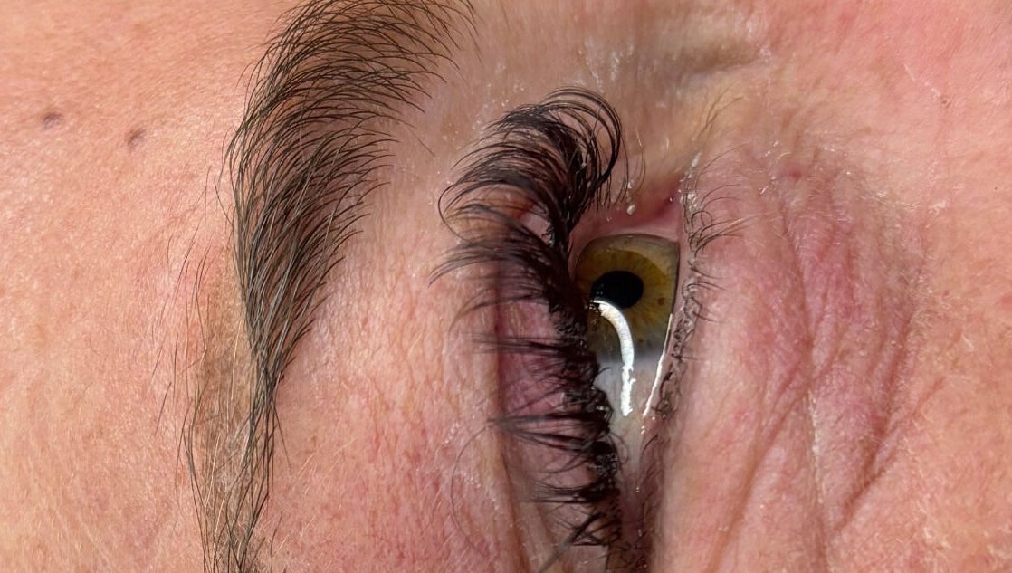 Close-up of eye with curled lashes at Kate's in Axbridge, England, GB.
