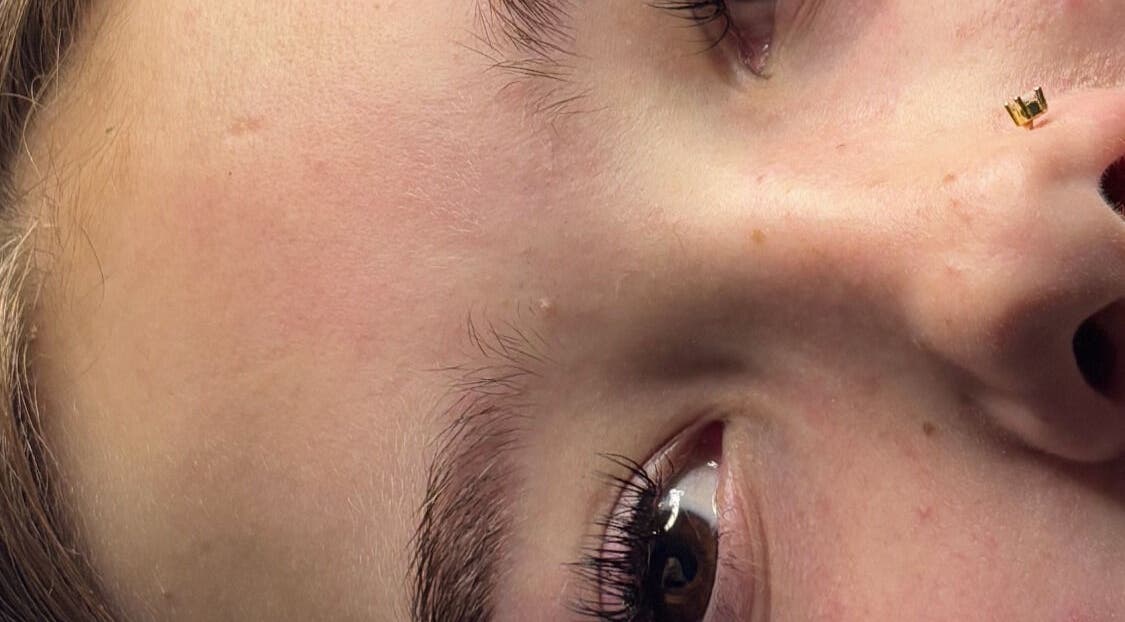 Close-up of an eyelash extension at Kate, Axbridge, England, GB. Detailed view of eyelash enhancement.