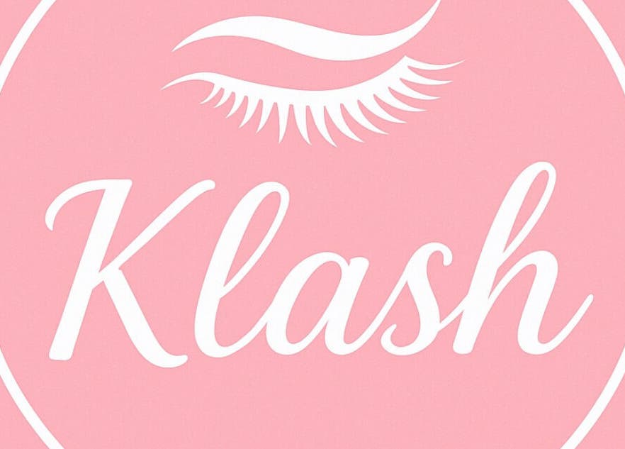 Elegant Klash salon logo at Kate, Axbridge, England, GB on pink background with stylized eyelash detailing.