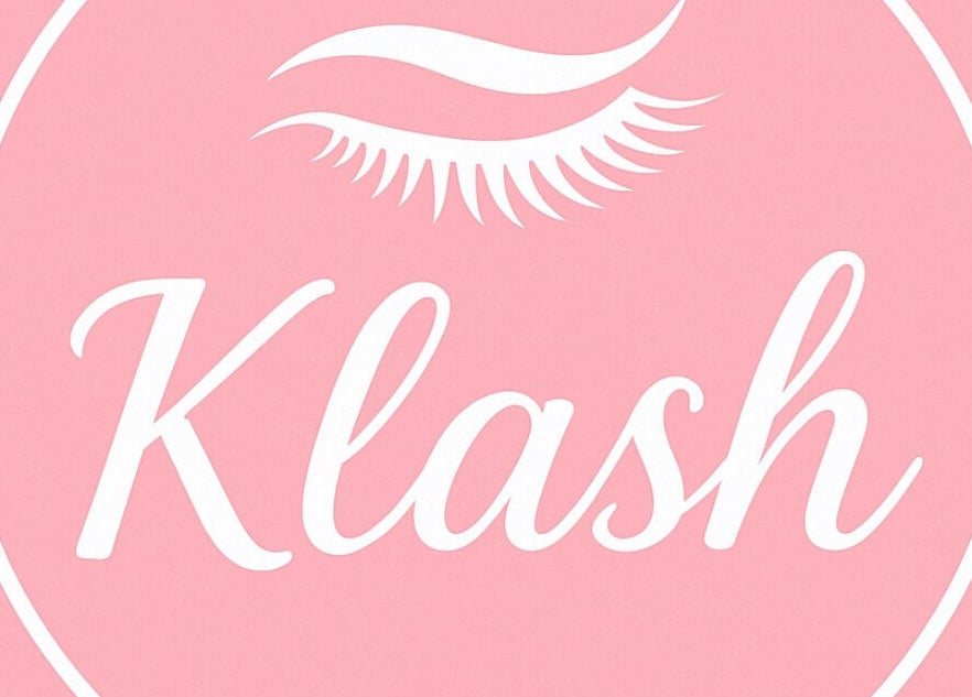 Elegant Klash salon logo at Kate, Axbridge, England, GB on pink background with stylized eyelash detailing.