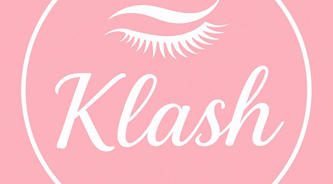 Elegant Klash salon logo at Kate, Axbridge, England, GB on pink background with stylized eyelash detailing.