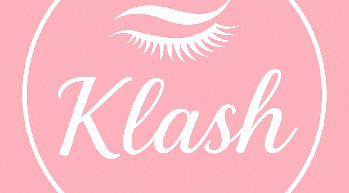 Elegant Klash salon logo at Kate, Axbridge, England, GB on pink background with stylized eyelash detailing.