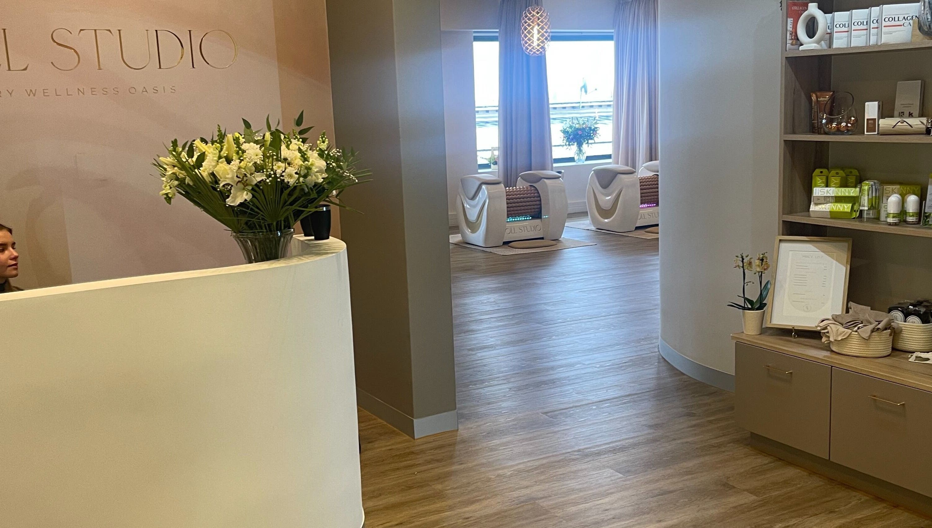 Reception area of Roll Studio in Boksburg, Gauteng, ZA featuring a modern design and wellness products.