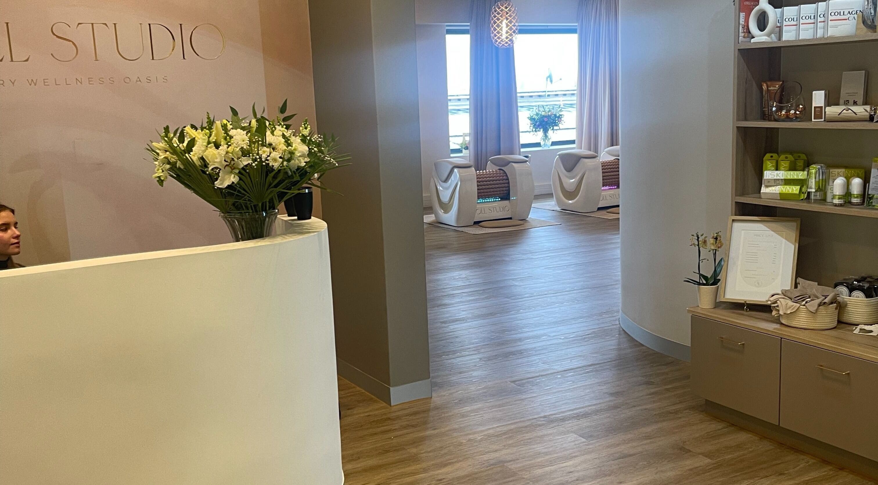 Reception area of Roll Studio in Boksburg, Gauteng, ZA featuring a modern design and wellness products.