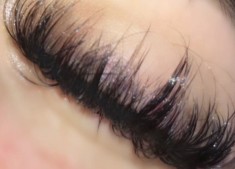 Close-up of eyelash extensions at Lashaddiction, Sheffield, England, GB showcasing beauty enhancement.