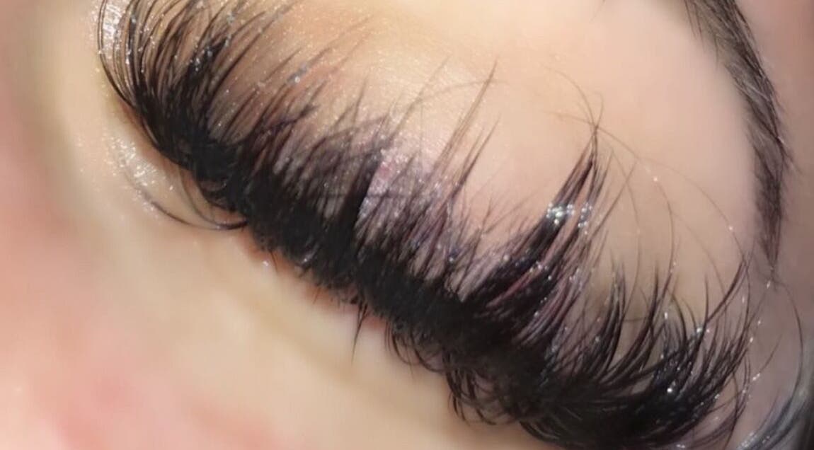 Close-up of eyelash extensions at Lashaddiction, Sheffield, England, GB showcasing beauty enhancement.